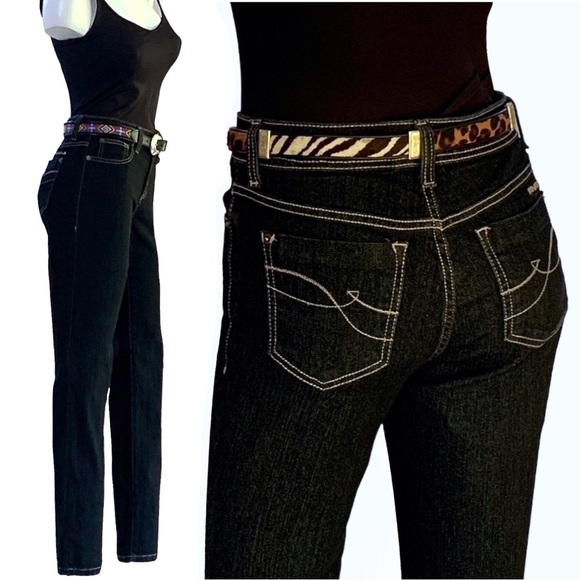 DKNY Jeans black straight leg jeans w/cream contrast stitching - Picture 2 of 11